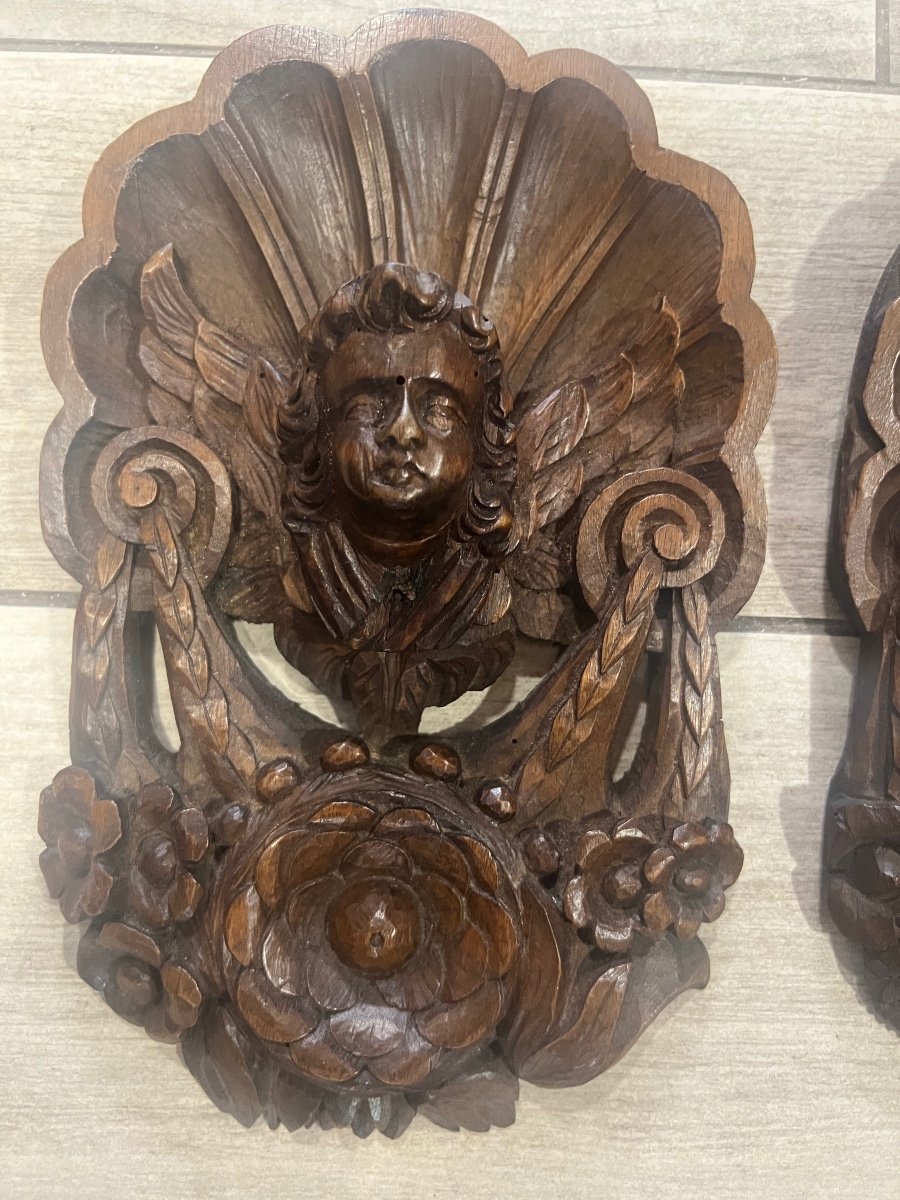 Pair Of Carved Wood Alsace XVII Angel Head -photo-6