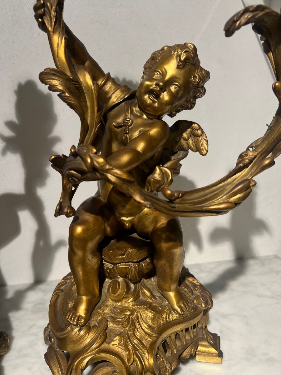 Paire Chandelier époque Napoleon III Bronze Doré Putti A Deux Branches -photo-1