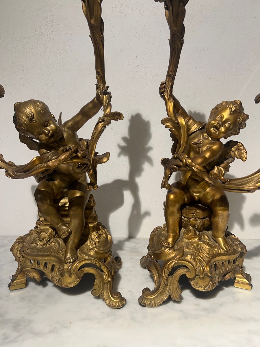 Paire Chandelier époque Napoleon III Bronze Doré Putti A Deux Branches -photo-8