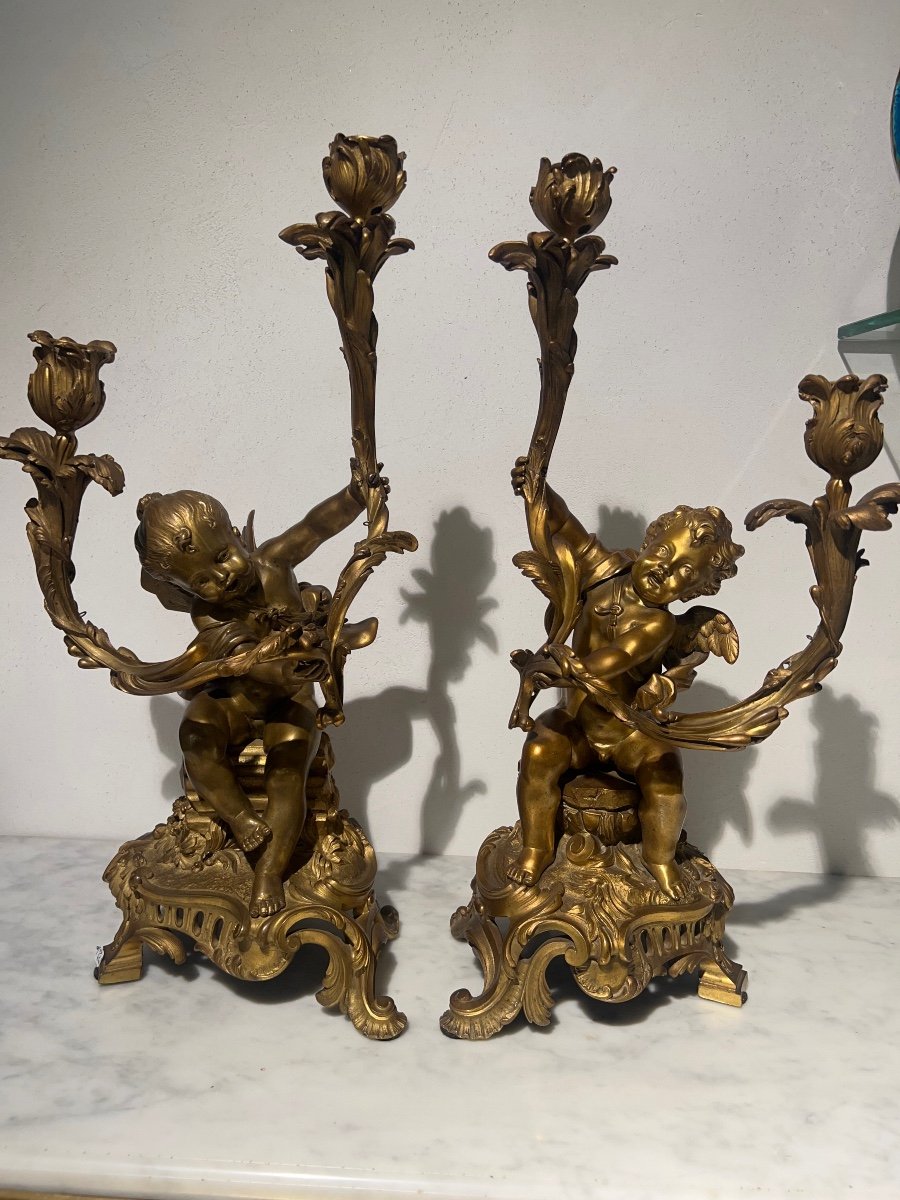 Paire Chandelier époque Napoleon III Bronze Doré Putti A Deux Branches 