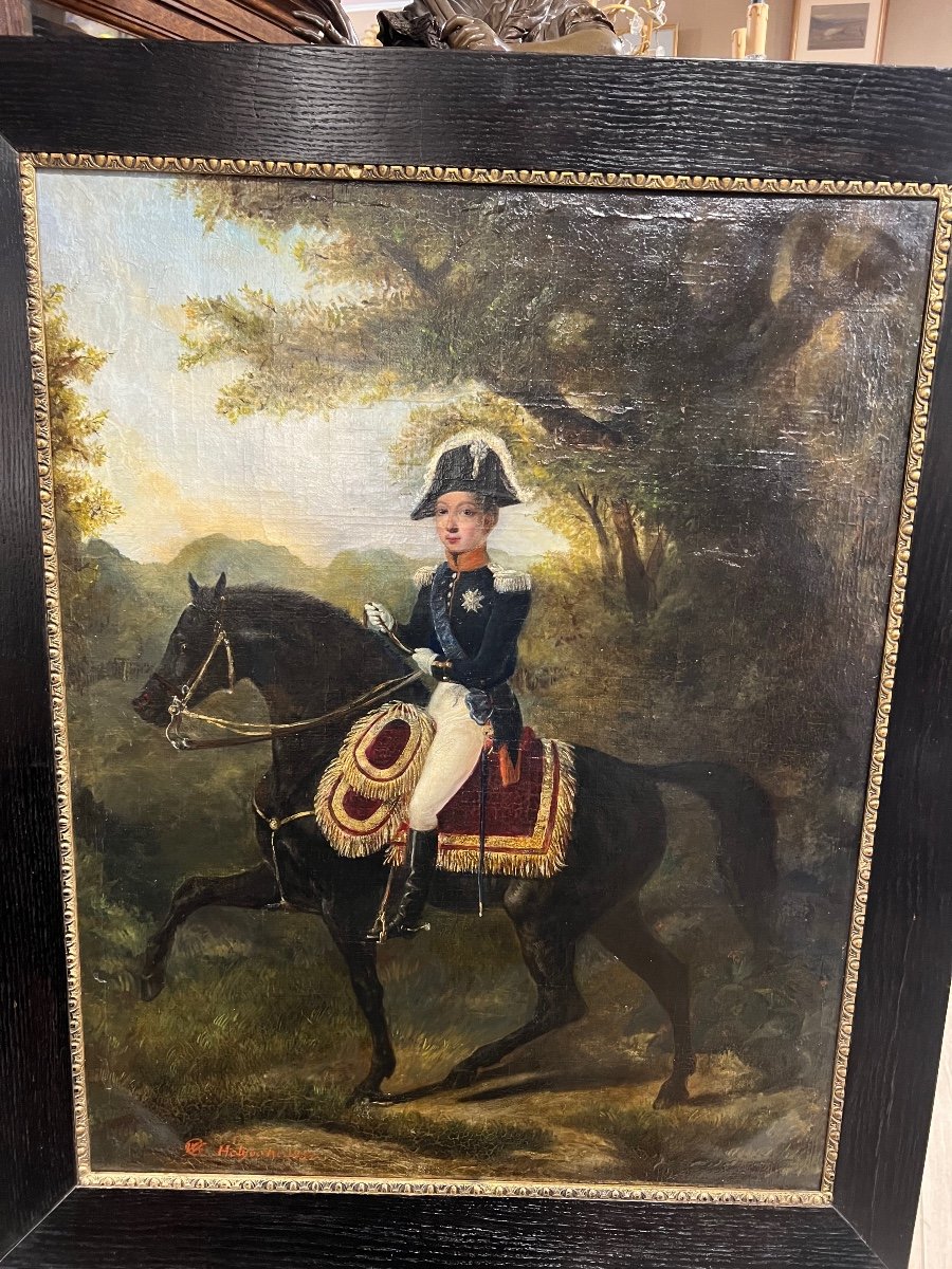 Peinture Ancienne Jeune Prince Sur Son Cheval Noir-photo-1