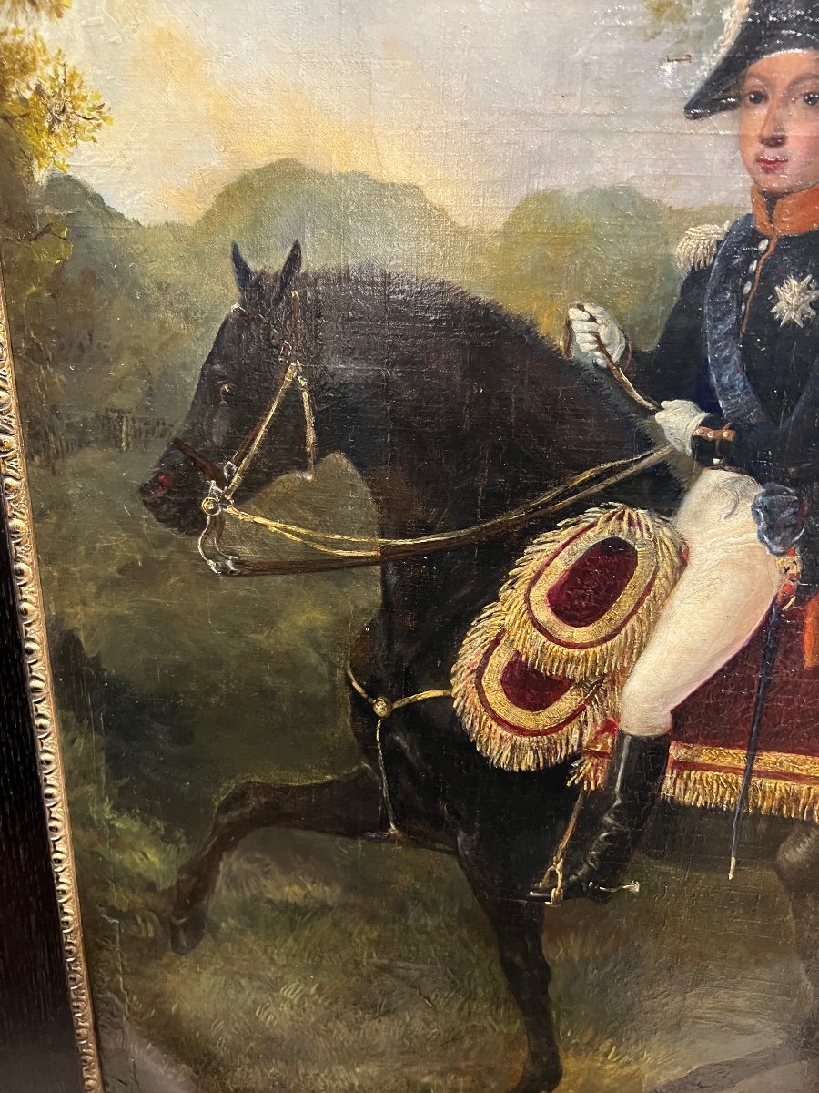 Peinture Ancienne Jeune Prince Sur Son Cheval Noir-photo-2