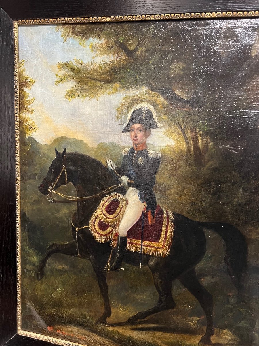 Peinture Ancienne Jeune Prince Sur Son Cheval Noir-photo-5