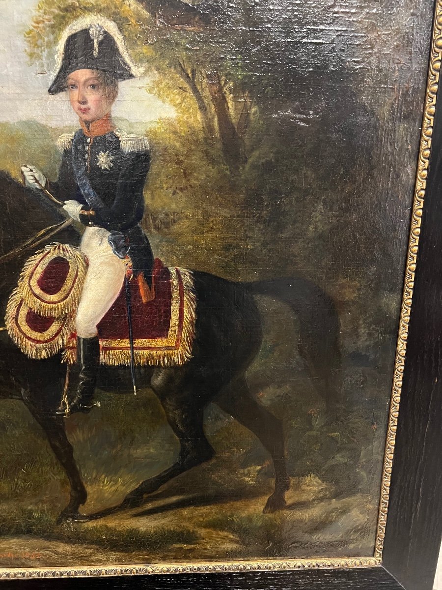 Peinture Ancienne Jeune Prince Sur Son Cheval Noir-photo-7