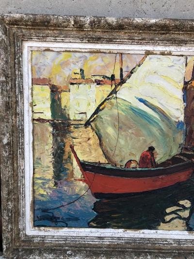 Oil On Panel D. Manago Marine Sailboats In Port-photo-1