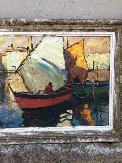 Oil On Panel D. Manago Marine Sailboats In Port-photo-3