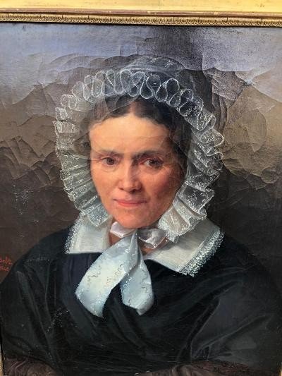 Huile Sur Toile Portrait De Femme Signé Henri Beltz 1842 cadre doré d'origine-photo-2