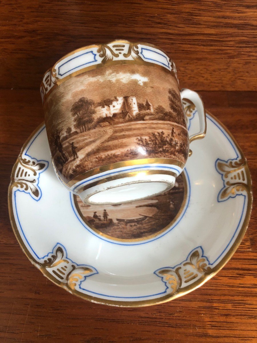 Grande Tasse A Chocolat Porcelaine Paysage Peint XIX-photo-2