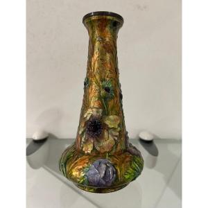 Superb Small Vase In Sevres Enamel Signed H. Patinated
