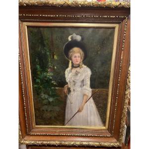 Oil Painting On Canvas Signed Jean Beaudoin Young Elegant Woman In A Park With A Fan