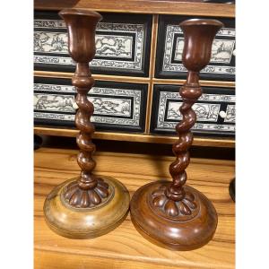 Pair Of Turned Wooden Candlesticks 