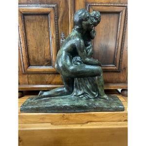 Art Deco Bronze The Mother And Child By André Huguenin - Dumitran