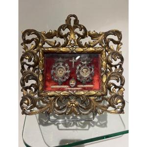 XVIII Reliquary Frame Relic Surrounded By Silver Wire Baroque Frame Carved Wood 