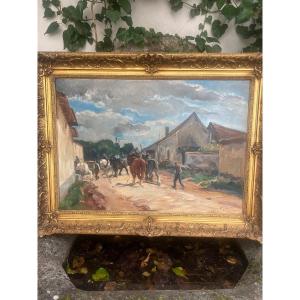 Peinture Adrienne Jouclard Huile Sur Toile Retour à La Ferme