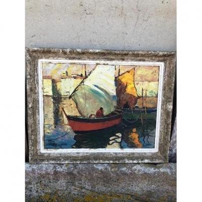 Oil On Panel D. Manago Marine Sailboats In Port