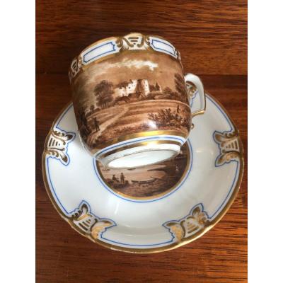 Grande Tasse A Chocolat Porcelaine Paysage Peint XIX
