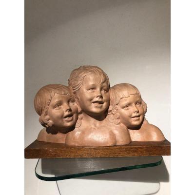 Terracotta Signed Chiparus Three Young Girl 1925