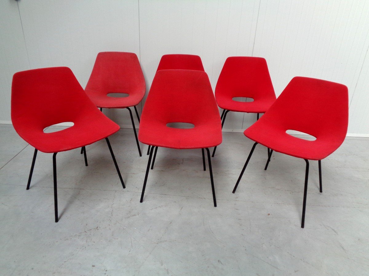 6 Chaises de Pierre Guariche-édition Steiner-modèle Amsterdam (Tonneau).