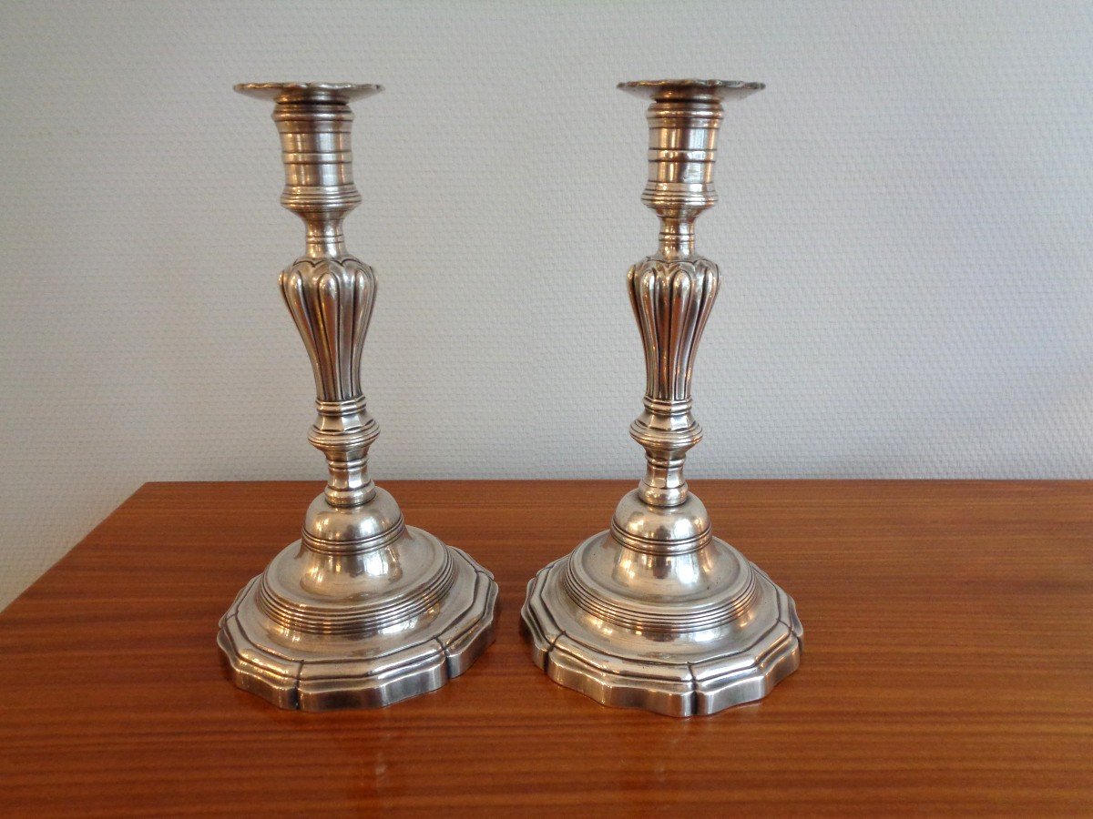 Pair Of Louis XV Candlesticks In Silvered Bronze 