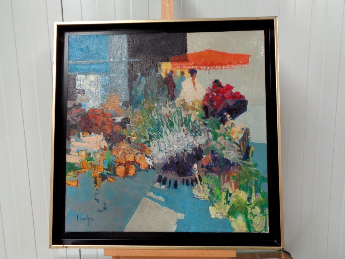 Painting "the Flower Market" By Claude Fauchère-photo-2