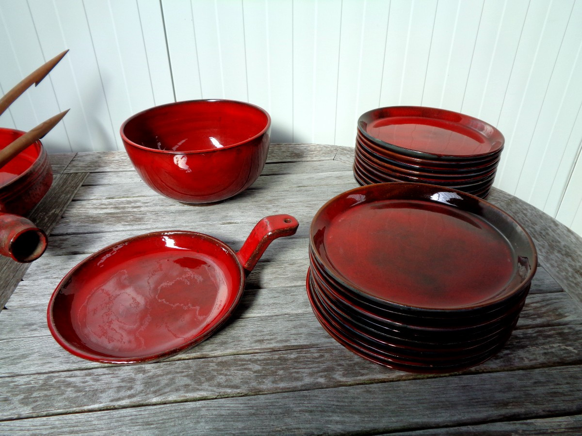 Manganese Red Ceramic Dinner Service By Gérard Hoffman-photo-8