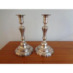 Pair Of Louis XV Candlesticks In Silvered Bronze 