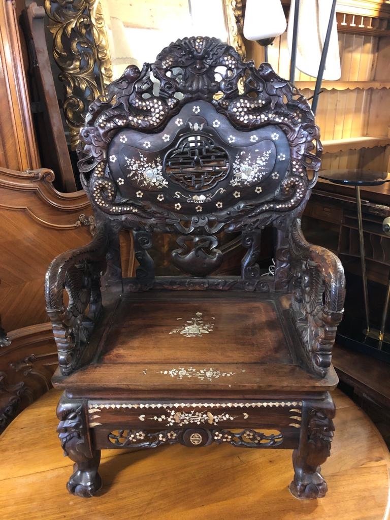 Armchair In Carved Wood Inlaid With Mother Of Pearl, Indochina-photo-2