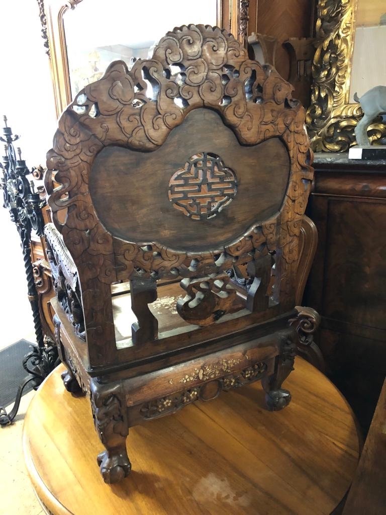 Armchair In Carved Wood Inlaid With Mother Of Pearl, Indochina-photo-2