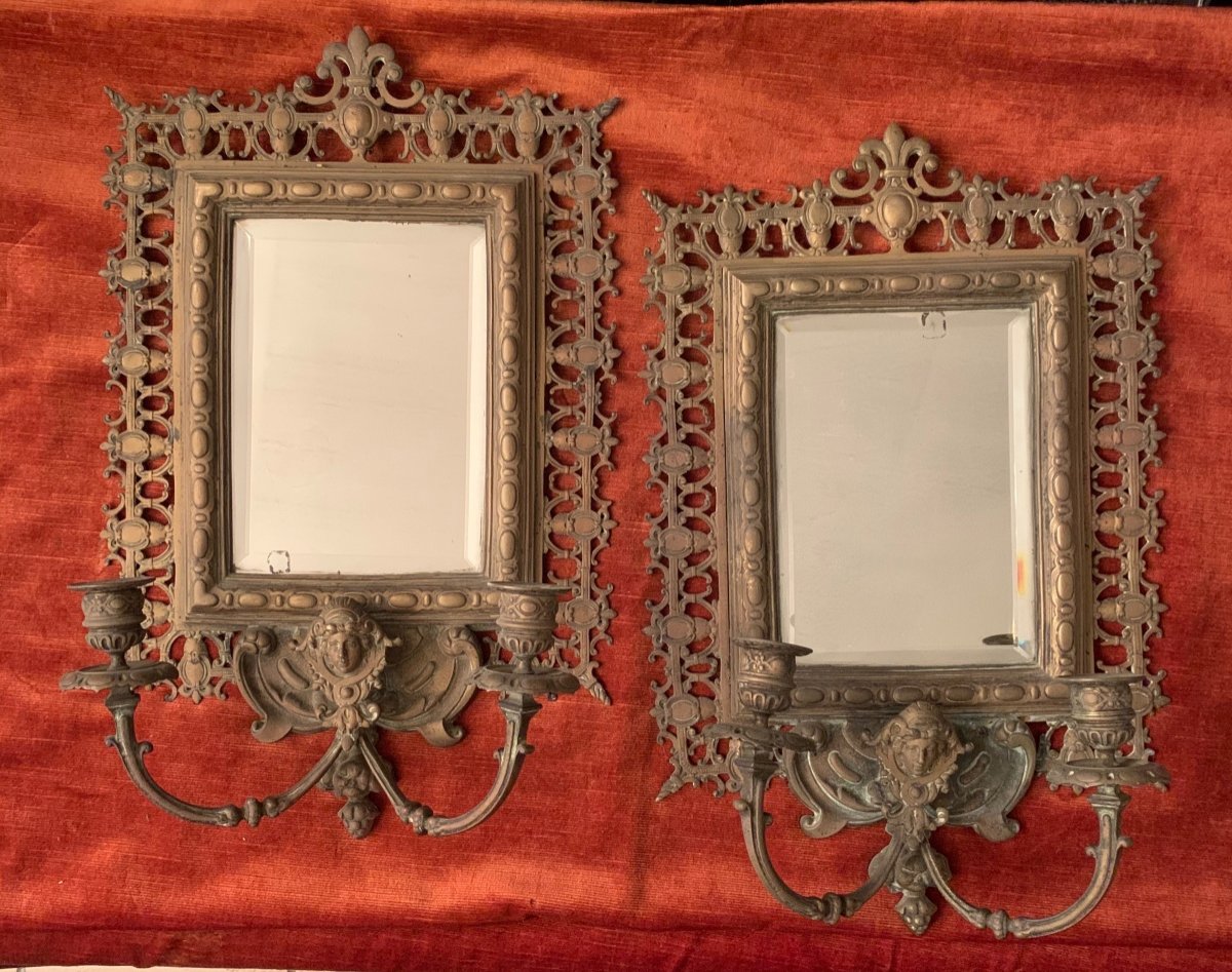 Paire d'Appliques à Miroir En Bronze 