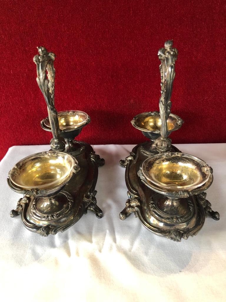 "christofle" Pair Of Salt Shakers With Double Salerons In Silver Metal-photo-2