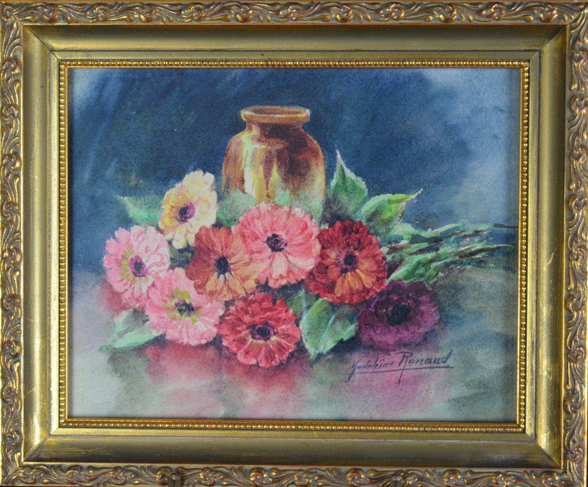 Pair Of Watercolors Of Flowers By M. Renaud-photo-2