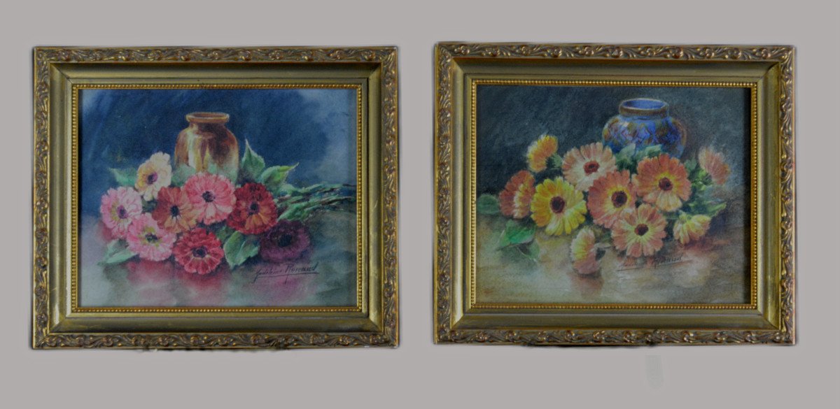 Pair Of Watercolors Of Flowers By M. Renaud