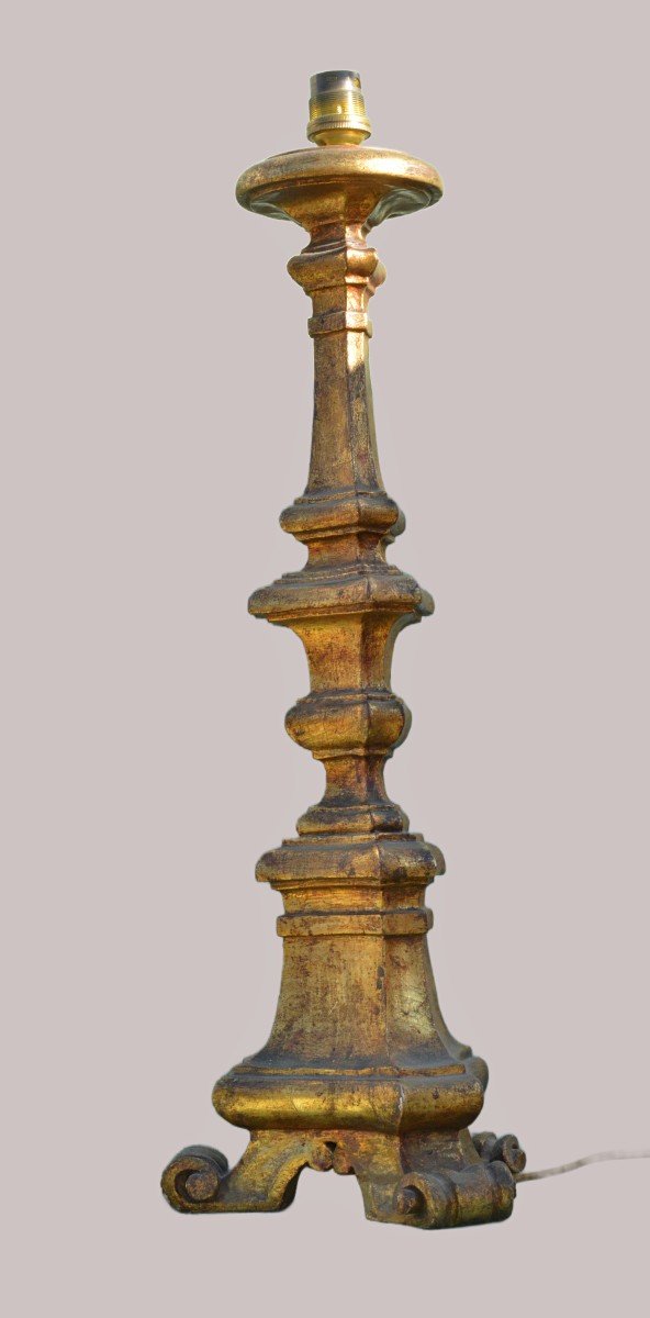 Gilded Wooden Candlestick Mounted As A Lamp-photo-2