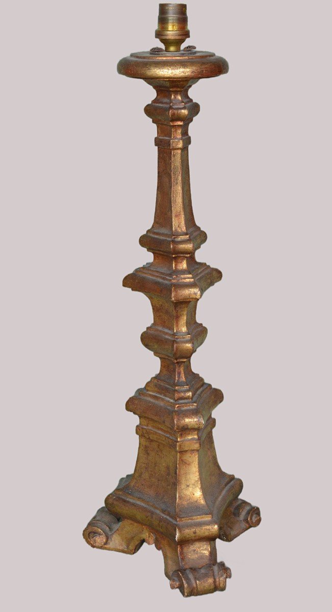 Gilded Wooden Candlestick Mounted As A Lamp-photo-3