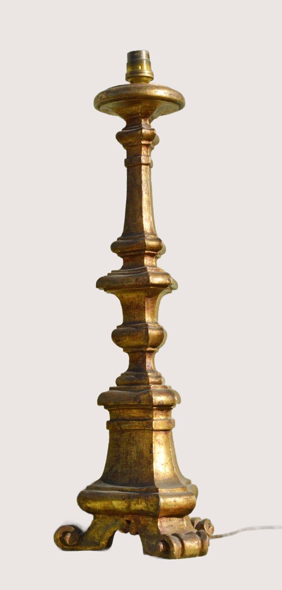 Gilded Wooden Candlestick Mounted As A Lamp-photo-1