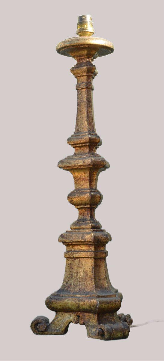 Gilded Wooden Candlestick Mounted As A Lamp-photo-2