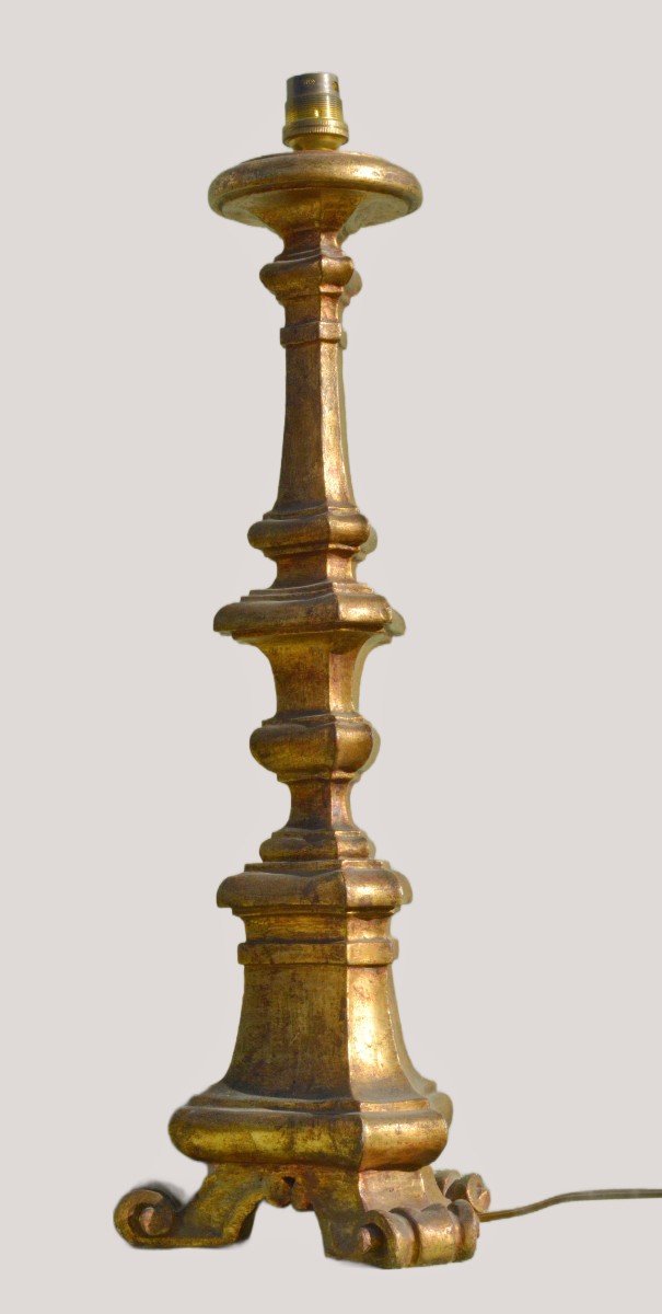 Gilded Wooden Candlestick Mounted As A Lamp