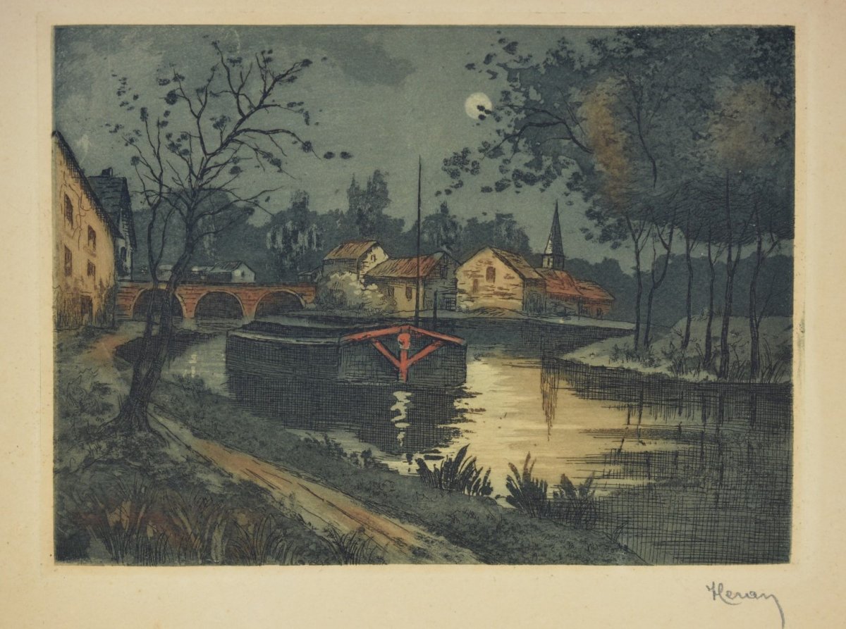 Watercourse Under The Moon, Lithograph By Henri Heran-photo-3