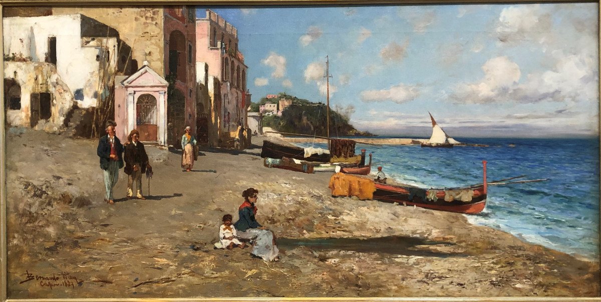 Bernardo Hay (1864-1931) English Painter Living In Italy: "capri, View Of The Port, Marina Grande"-photo-2