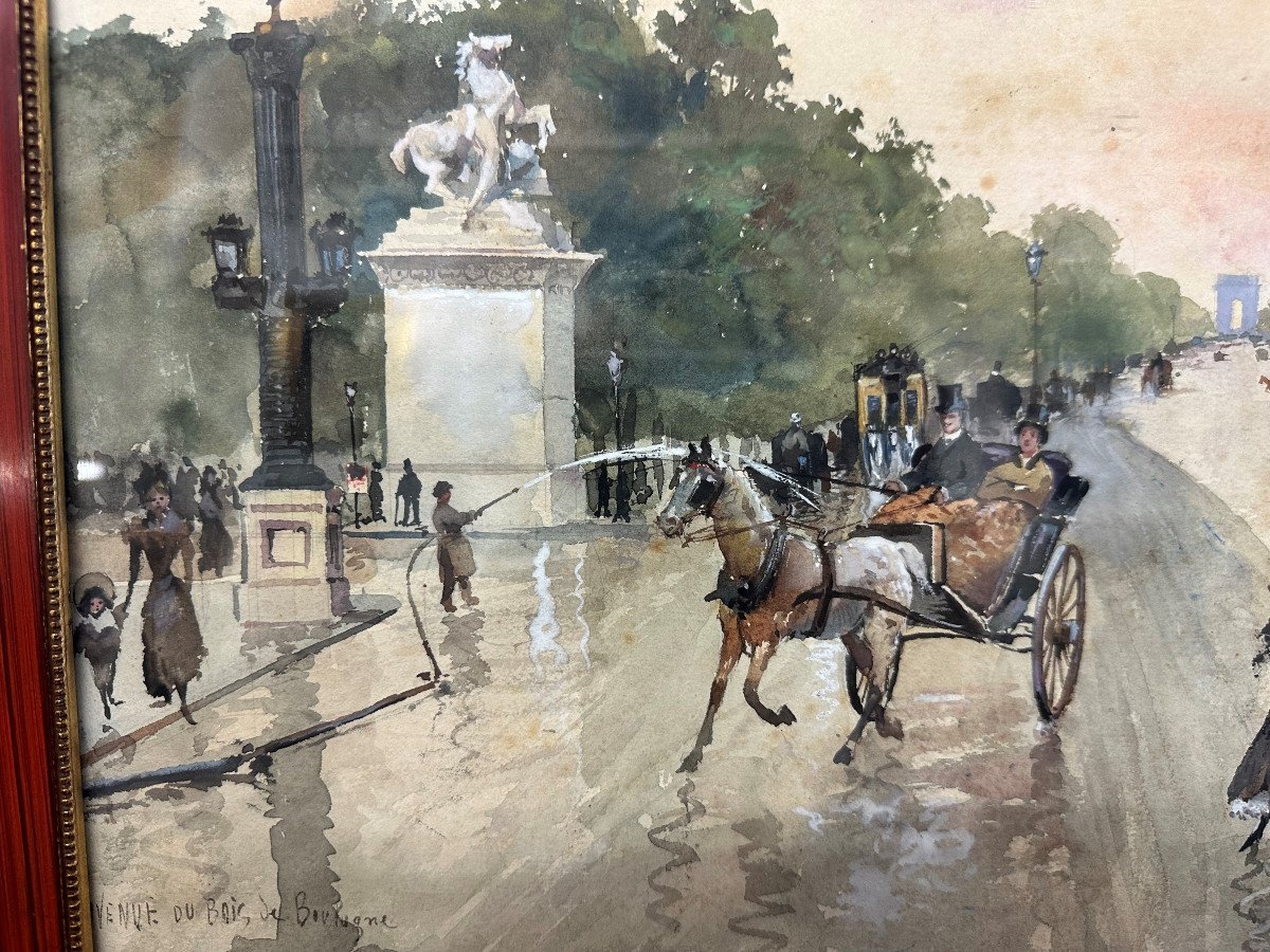 Edward Charles Barnes (act.1856-1882) Britannique "les Champs-élysées Animés à Paris" Aquarelle