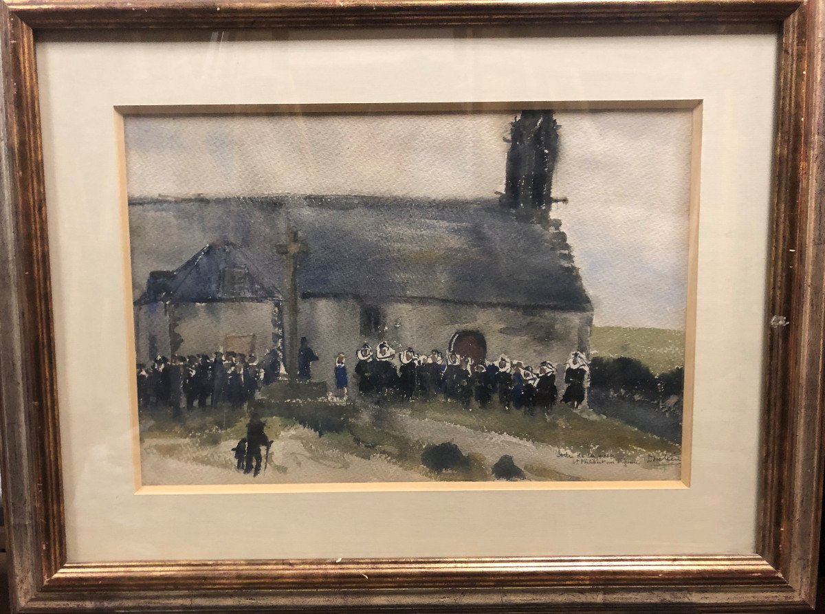 Georges Douking (1902-1987) :"sortie De Messe, Saint Philibert En Trédunc, Juin 1945" Aquarelle-photo-2