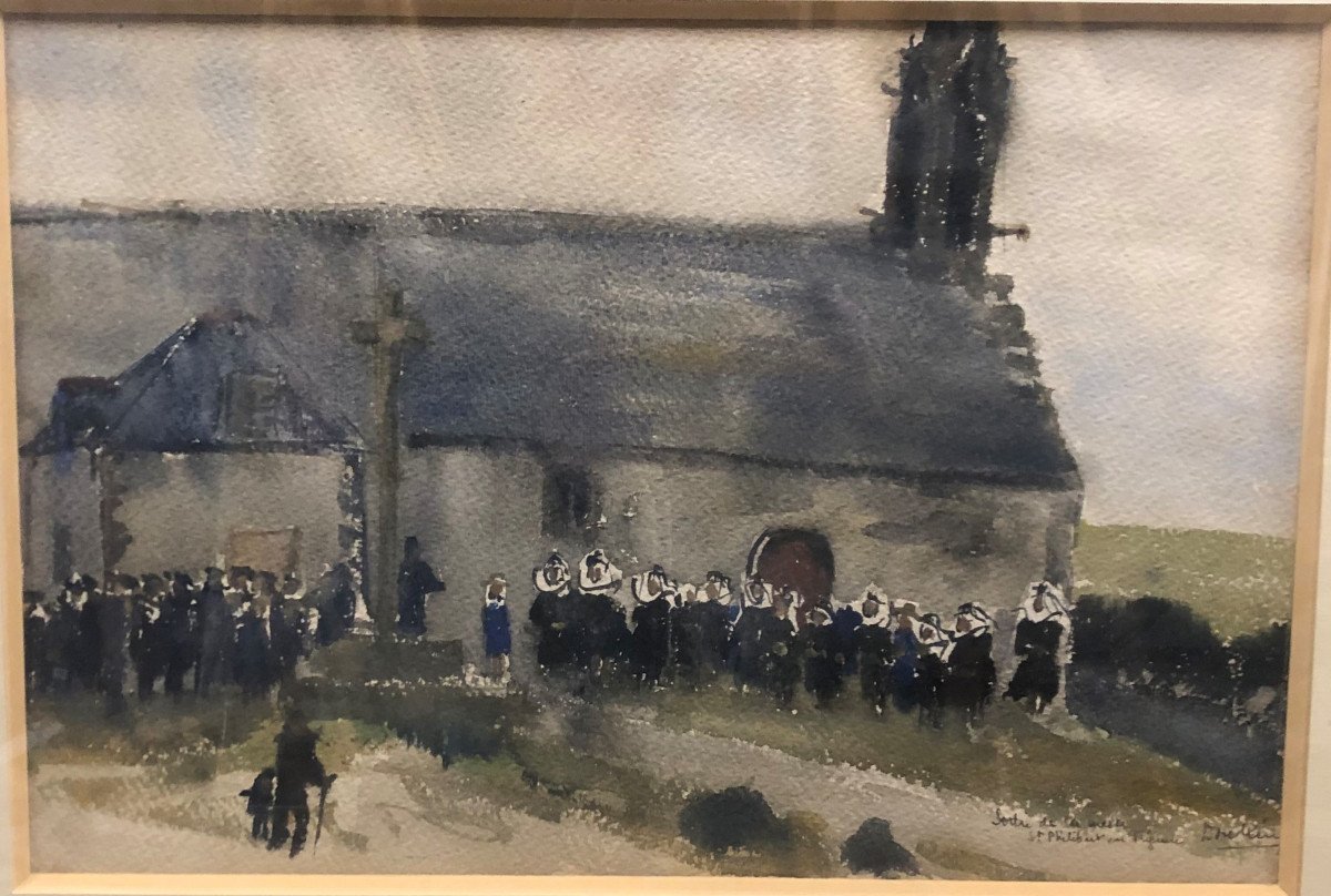 Georges Douking (1902-1987) :"sortie De Messe, Saint Philibert En Trédunc, Juin 1945" Aquarelle