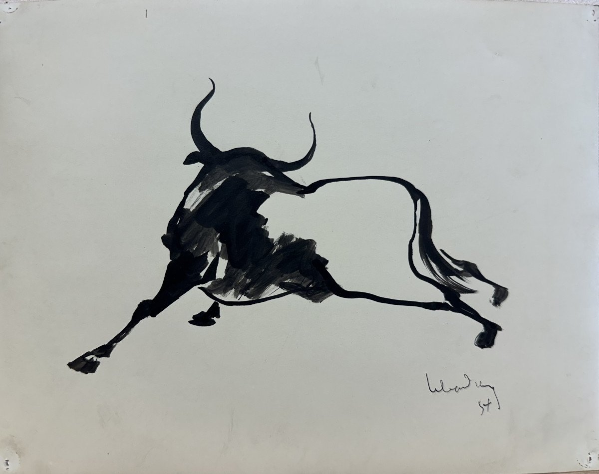 Dang LEBADANG (1921-2015) Indochine, Vietnam, Hué, Paris:"Buffle" Lavis d'encre au pinceau 1954