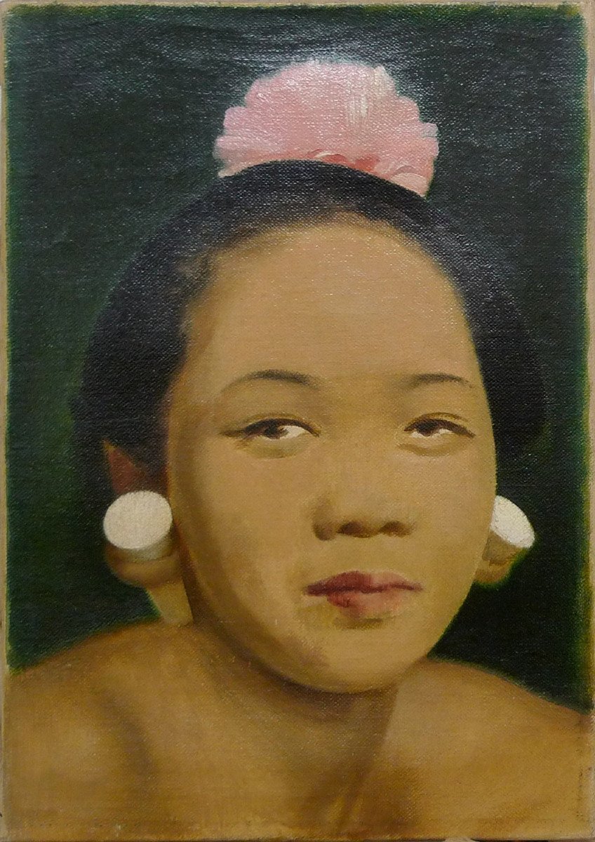 Emilio Ambron (1905-1996) Italy, Bali: "balinese With Flowers" Oil On Monogrammed Canvas, Dimensions 37 X 26 Cm