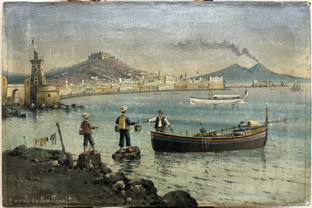 Ecole Napolitaine; Posillipo; Napoli, Vésuve,Italie: "napoli Da Posillipo 1902" Huile SurToile