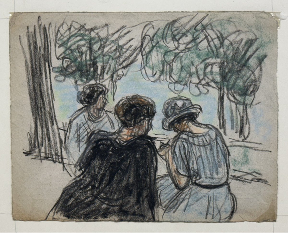 Gaston Prunier (1863-1927) : "the Conversation In The Park" Pastel And Charcoal Unsigned