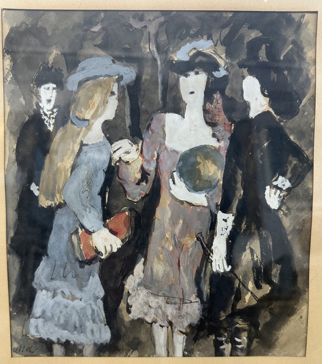 Alexander Mohr (trèves 1892 - Athènes 1974) "Réunion féminine"; Gouache Expressioniste allemand