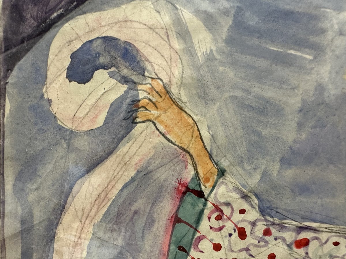 Ballets Russes Watercolor "study Of A Dancer With An Umbrella" 20th Century; Unsigned,-photo-4