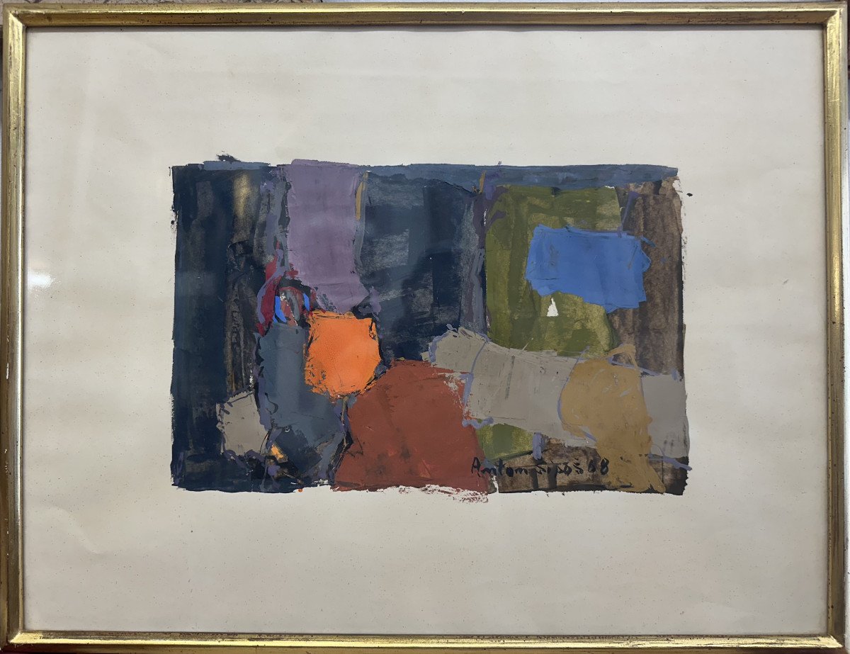 Anton Sipos (bosniaque) "composition Abstraite" Gouache, Période Parisienne 1968.-photo-2