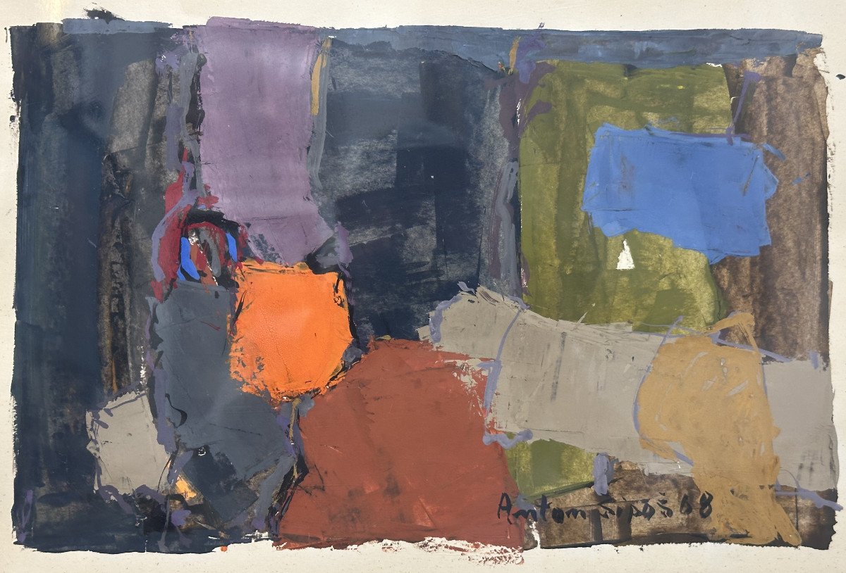 Anton Sipos (bosniaque) "composition Abstraite" Gouache, Période Parisienne 1968.